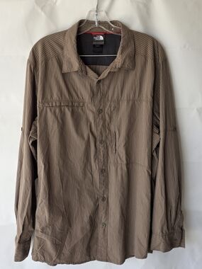 The North Face Men’s Vented Hiking Shirt XL Brown Striped Roll-Tab Nylon